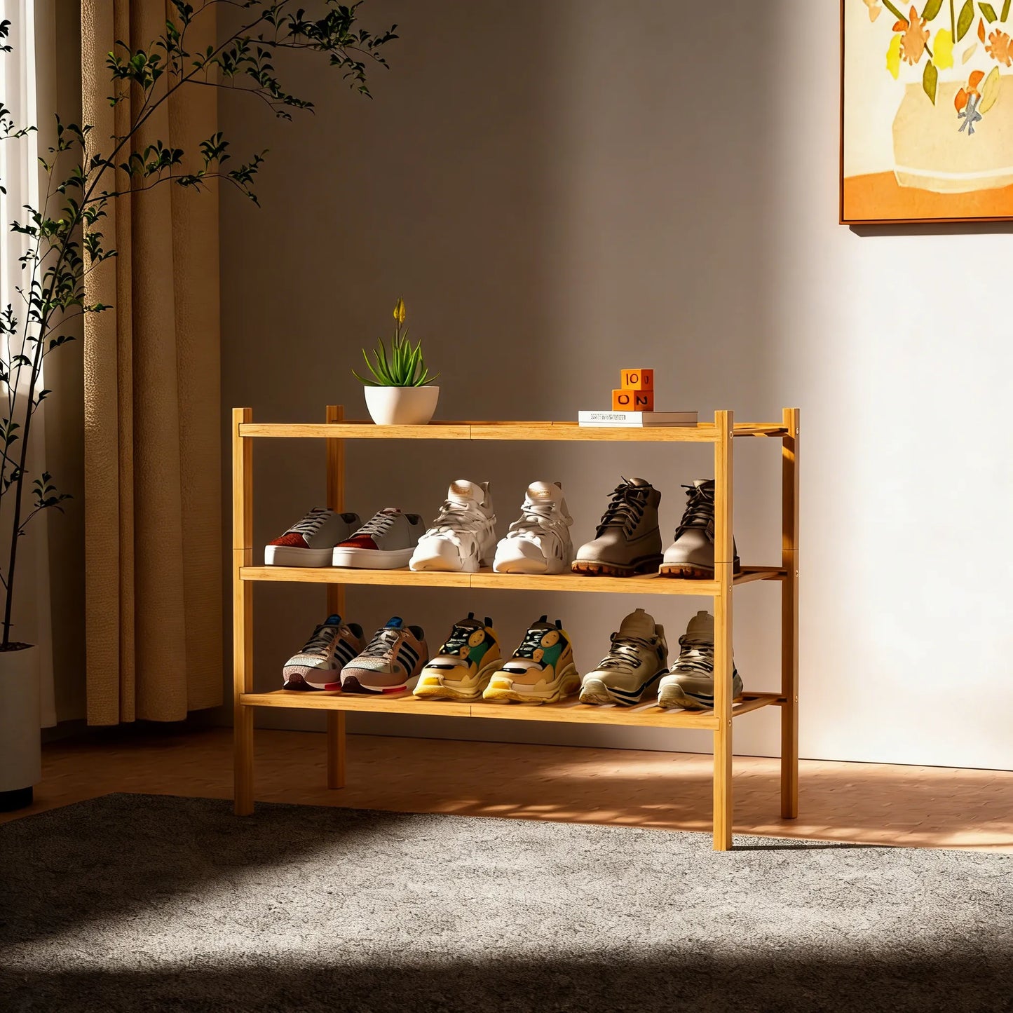 3-Tier Bamboo Shoe Rack, Natural & Stackable, Space-Saving Freestanding for Small Areas