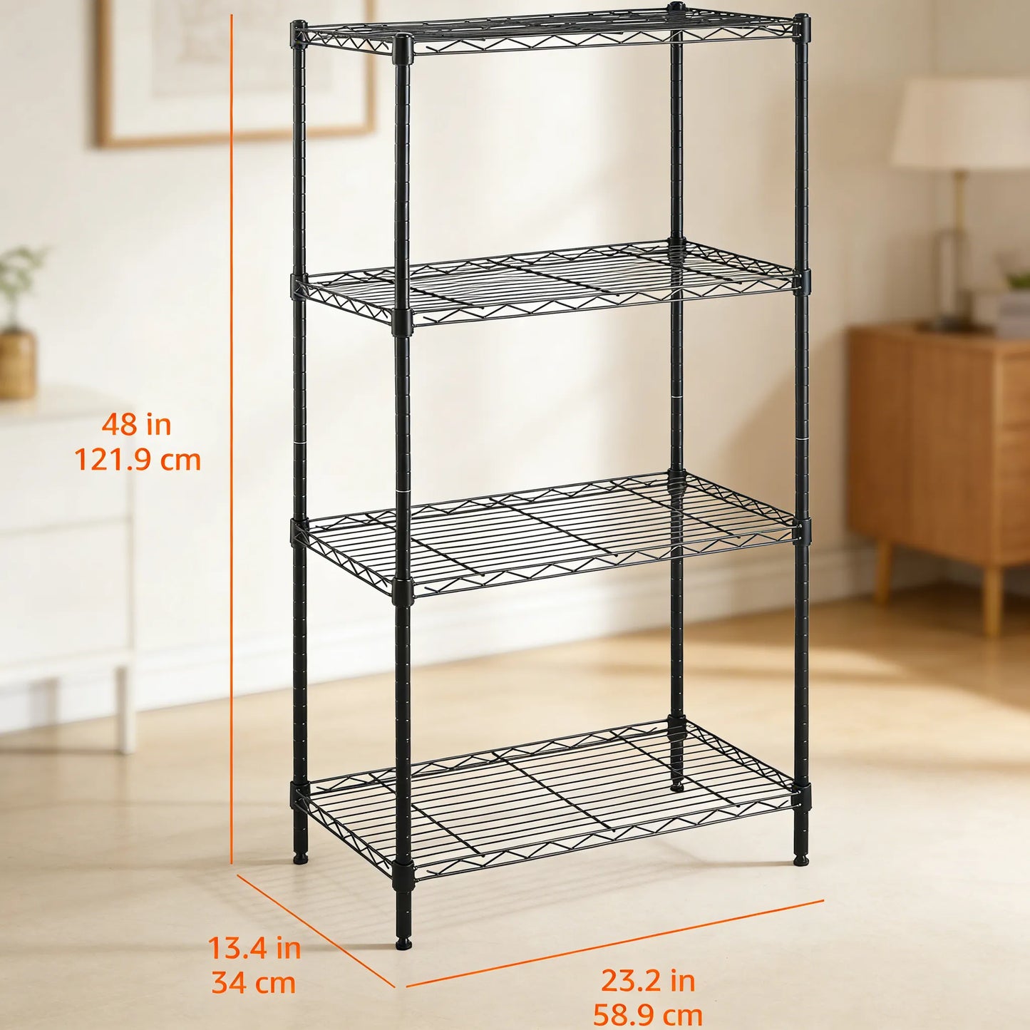 Black 4-Shelf Storage Rack, Easy to Assemble & Adjustable for Various Home Needs