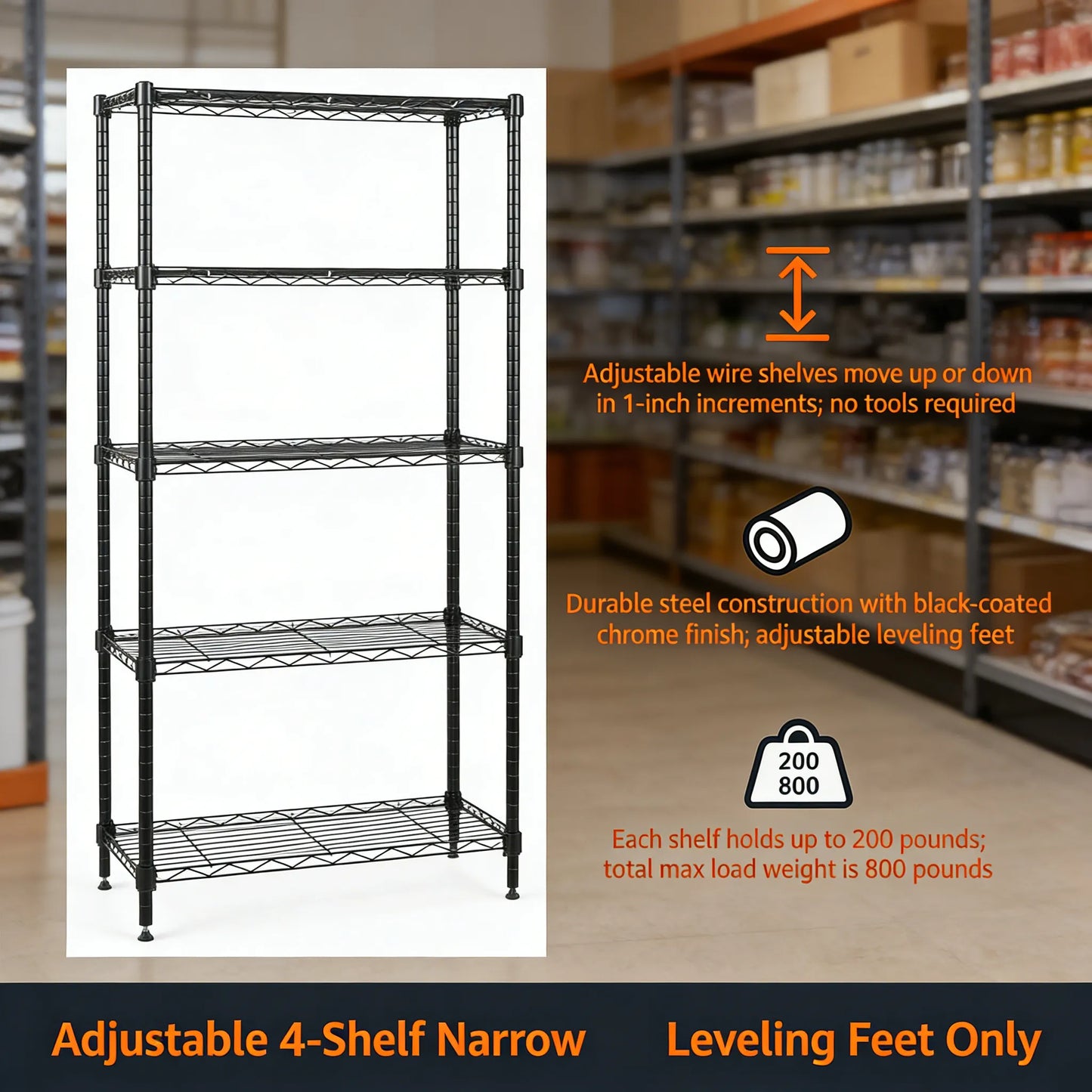 Black 4-Shelf Storage Rack, Easy to Assemble & Adjustable for Various Home Needs