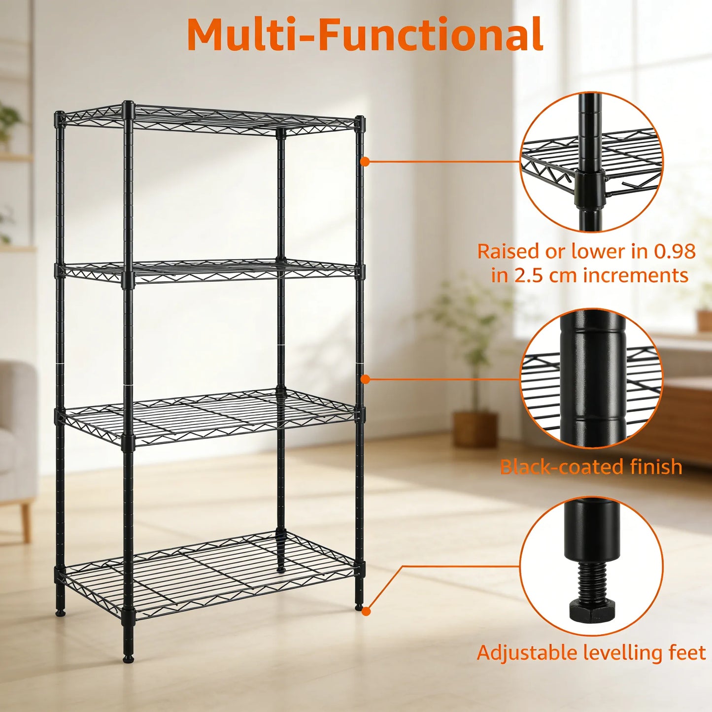Black 4-Shelf Storage Rack, Easy to Assemble & Adjustable for Various Home Needs