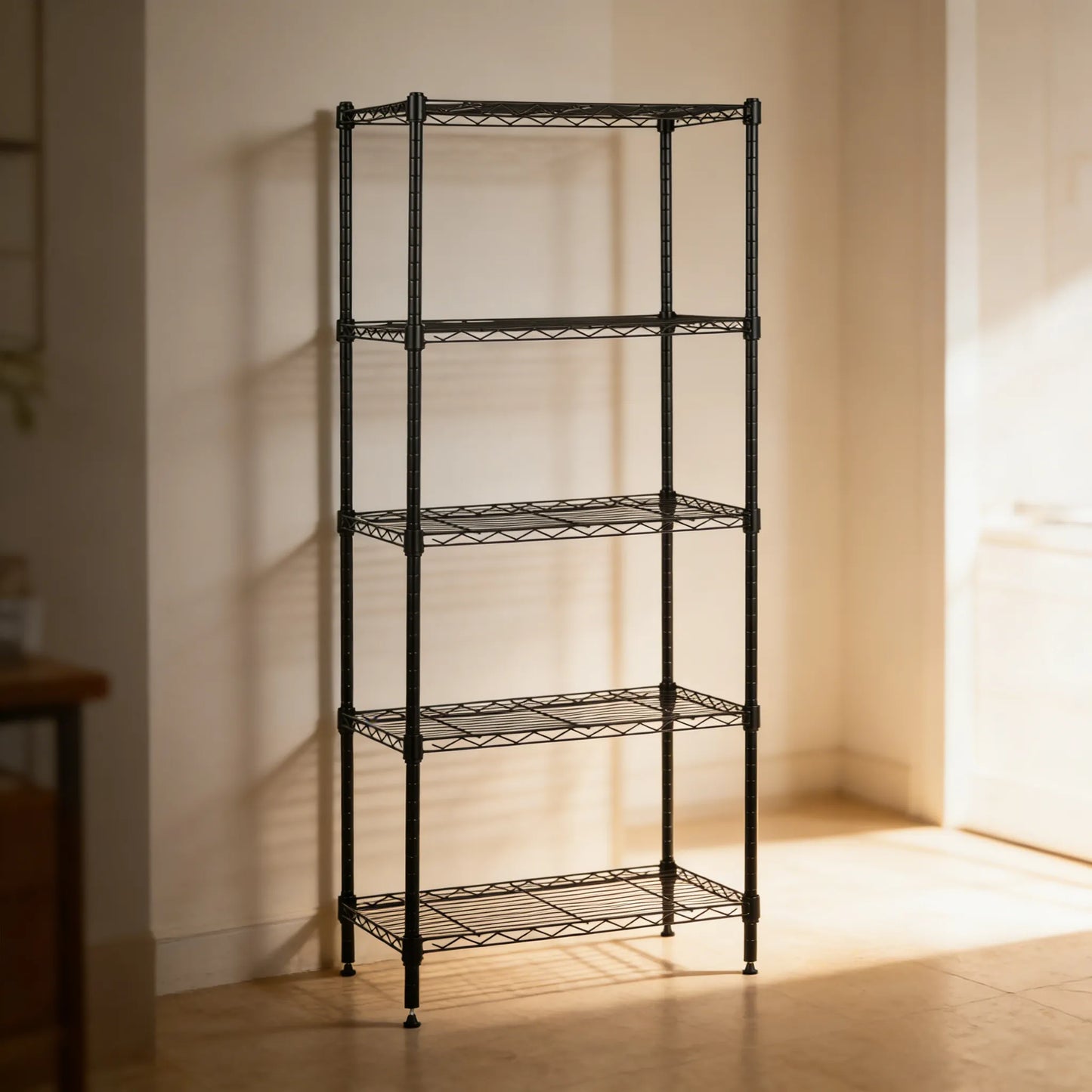 Black 4-Shelf Storage Rack, Easy to Assemble & Adjustable for Various Home Needs