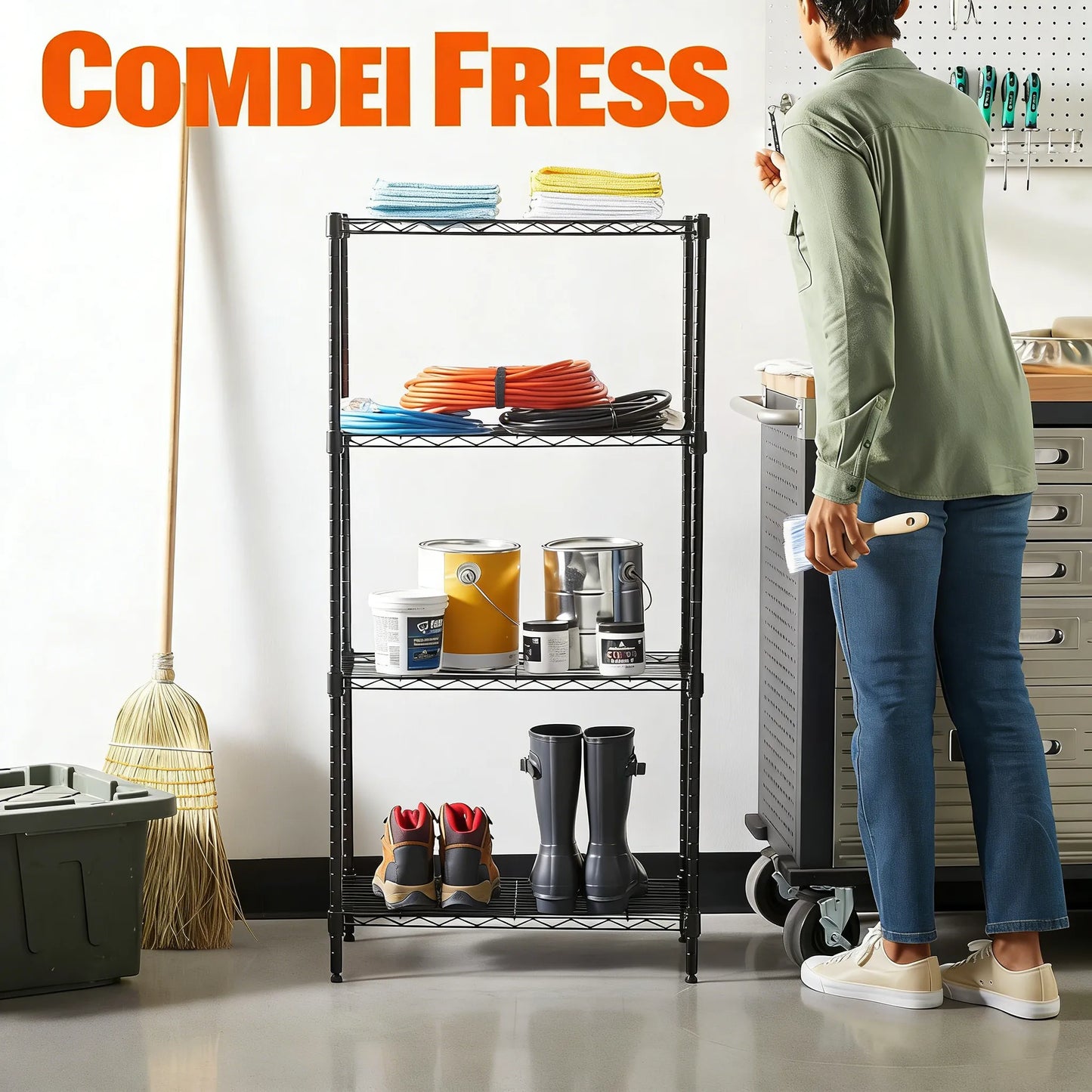 Black 4-Shelf Storage Rack, Easy to Assemble & Adjustable for Various Home Needs