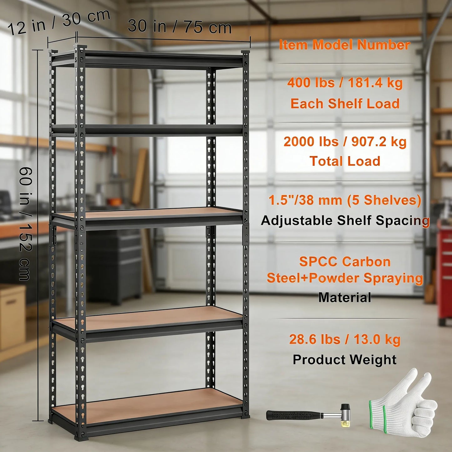 5-Tier Heavy Duty Storage Rack, 2000lbs Capacity & Adjustable