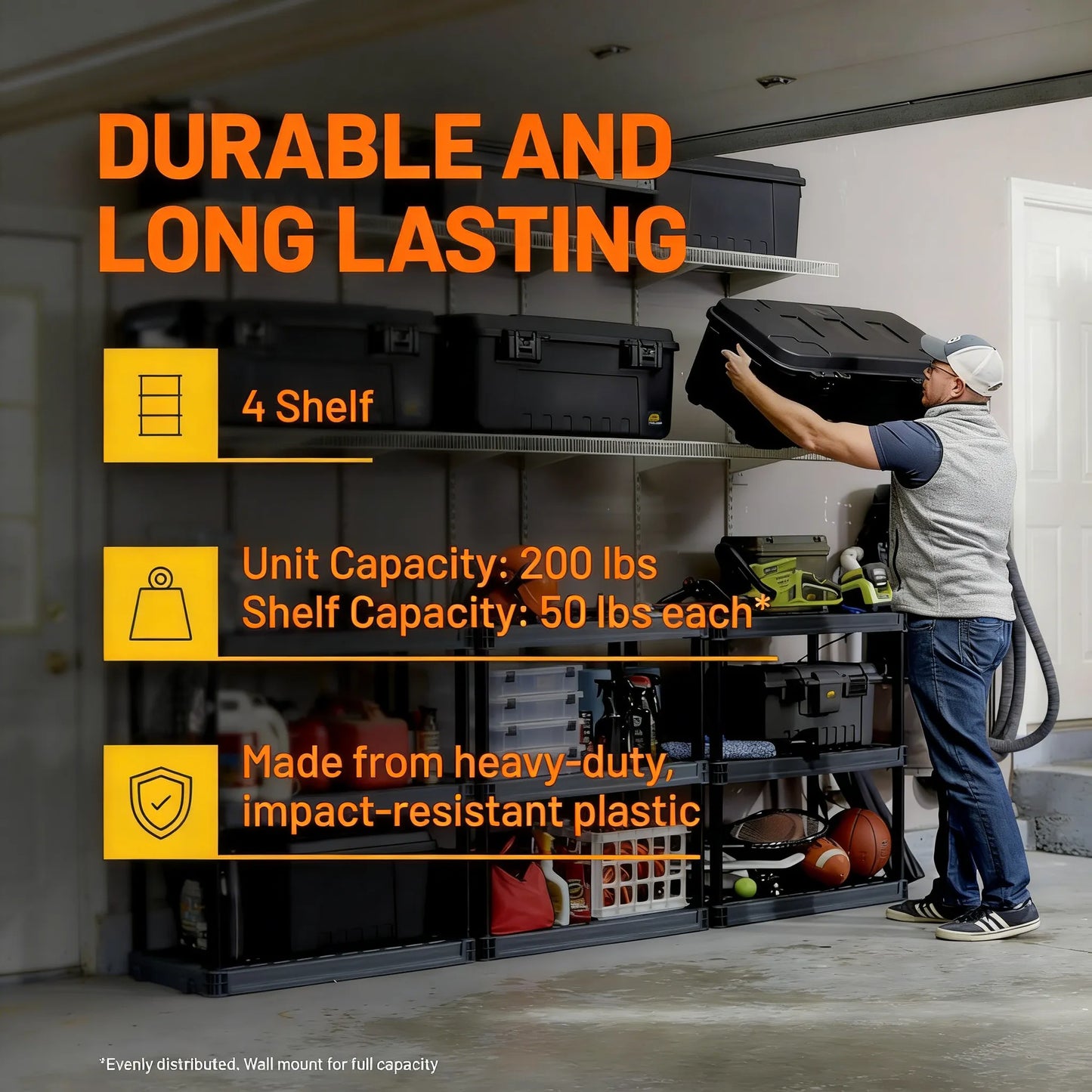 200lb Capacity Plastic Shelving Unit, 4 Tiers Spacious Design, Easy Setup for Closet, Garage & Home Organization