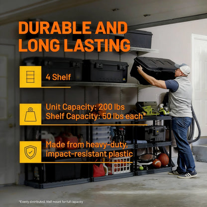 200lb Capacity Plastic Shelving Unit, 4 Tiers Spacious Design, Easy Setup for Closet, Garage & Home Organization