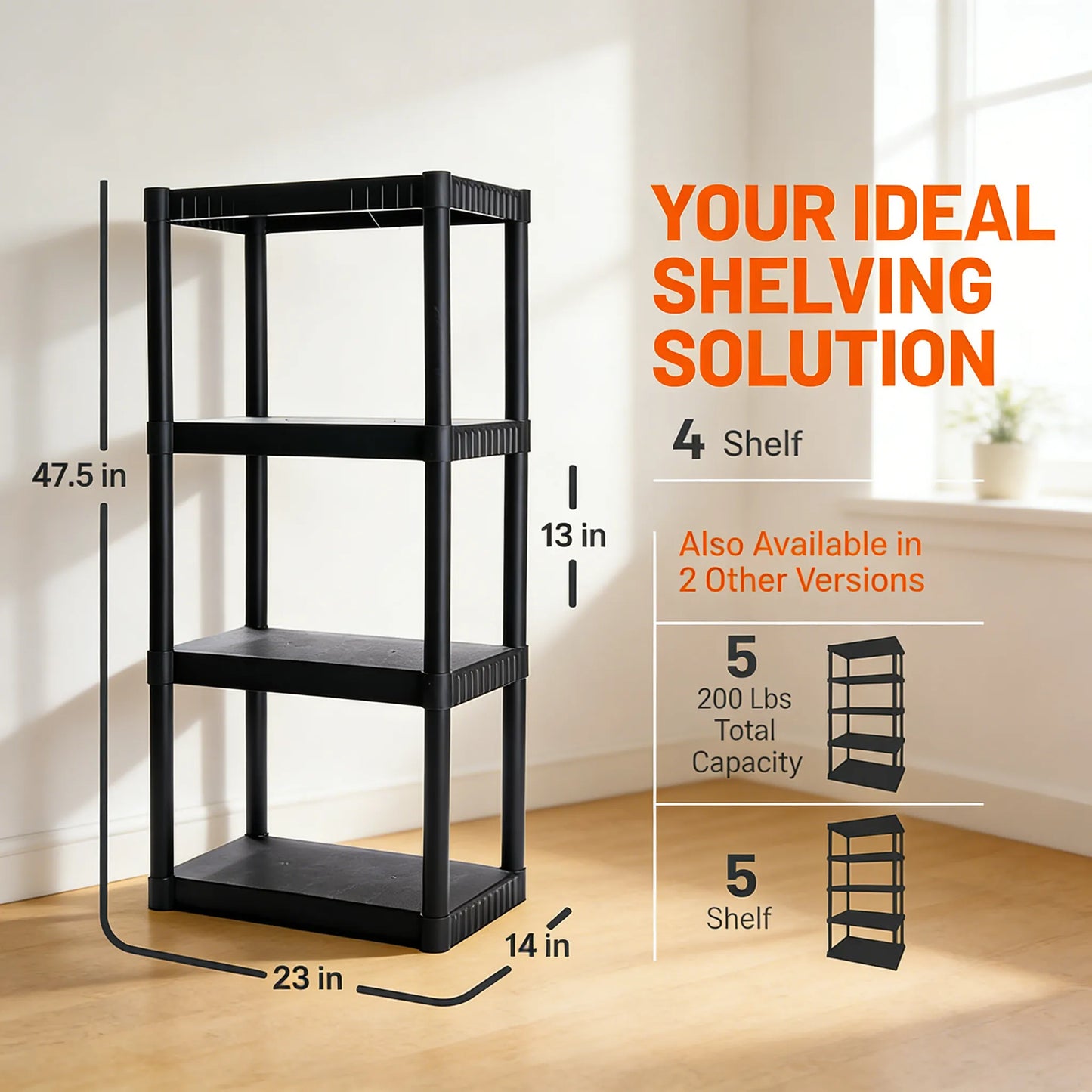 200lb Capacity Plastic Shelving Unit, 4 Tiers Spacious Design, Easy Setup for Closet, Garage & Home Organization