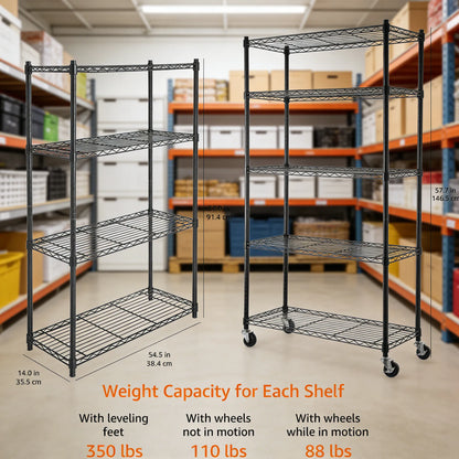 4-Tier Heavy Duty Metal Rack on 3" Casters, Adjustable & Mobile for Easy Storage
