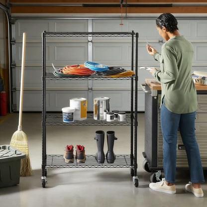 4-Tier Heavy Duty Metal Rack on 3" Casters, Adjustable & Mobile for Easy Storage
