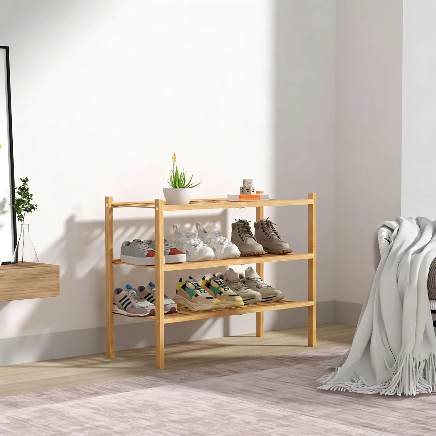 3-Tier Bamboo Shoe Rack, Natural & Stackable, Space-Saving Freestanding for Small Areas