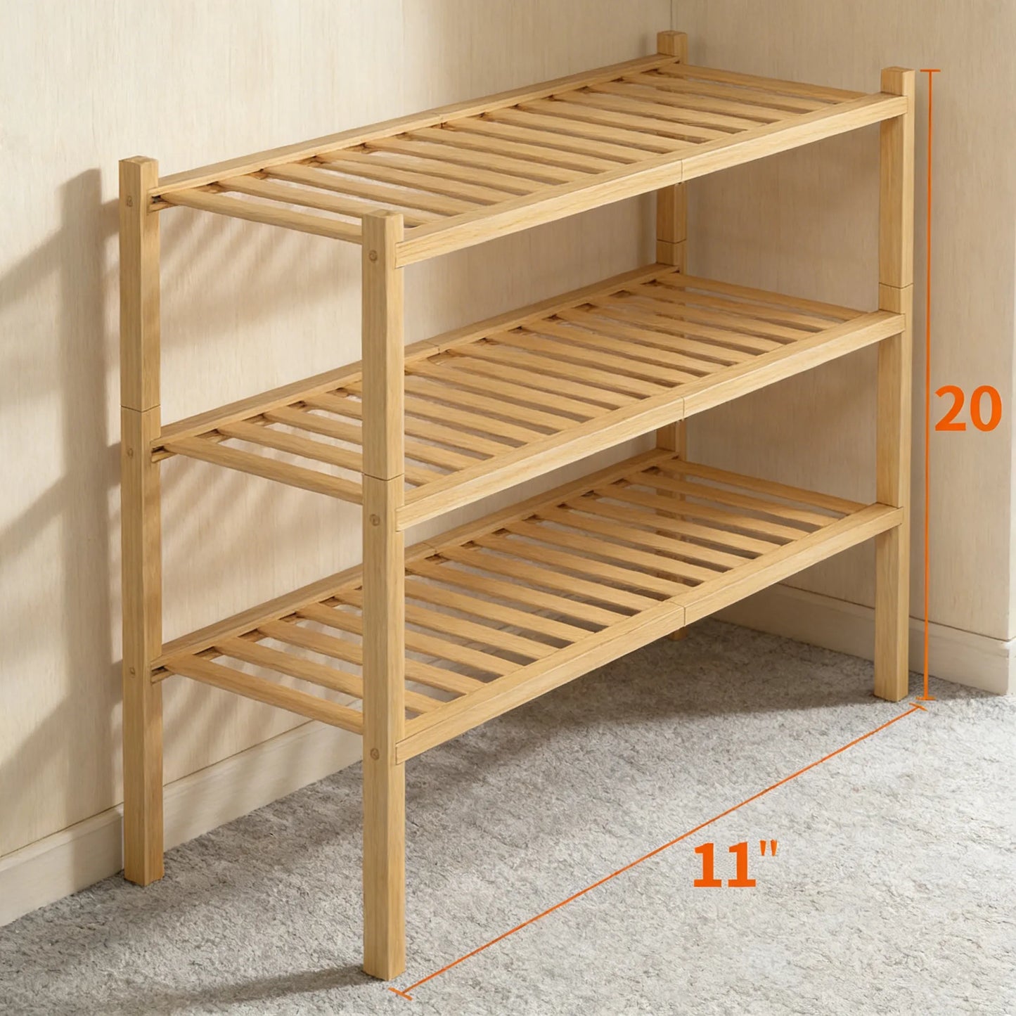 3-Tier Bamboo Shoe Rack, Natural & Stackable, Space-Saving Freestanding for Small Areas