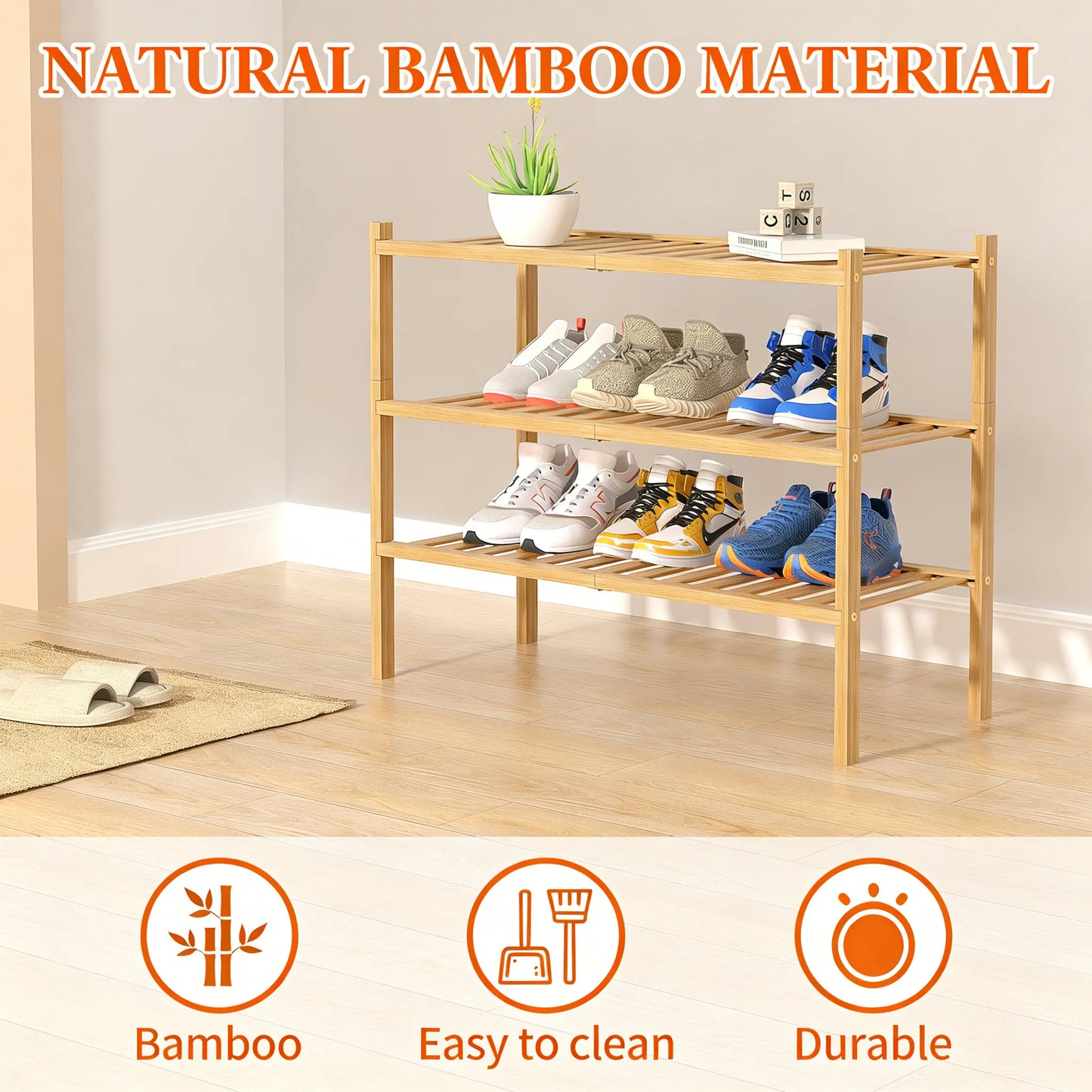 3-Tier Bamboo Shoe Rack, Natural & Stackable, Space-Saving Freestanding for Small Areas