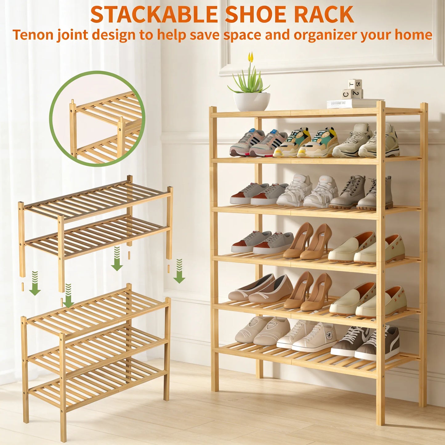 3-Tier Bamboo Shoe Rack, Natural & Stackable, Space-Saving Freestanding for Small Areas
