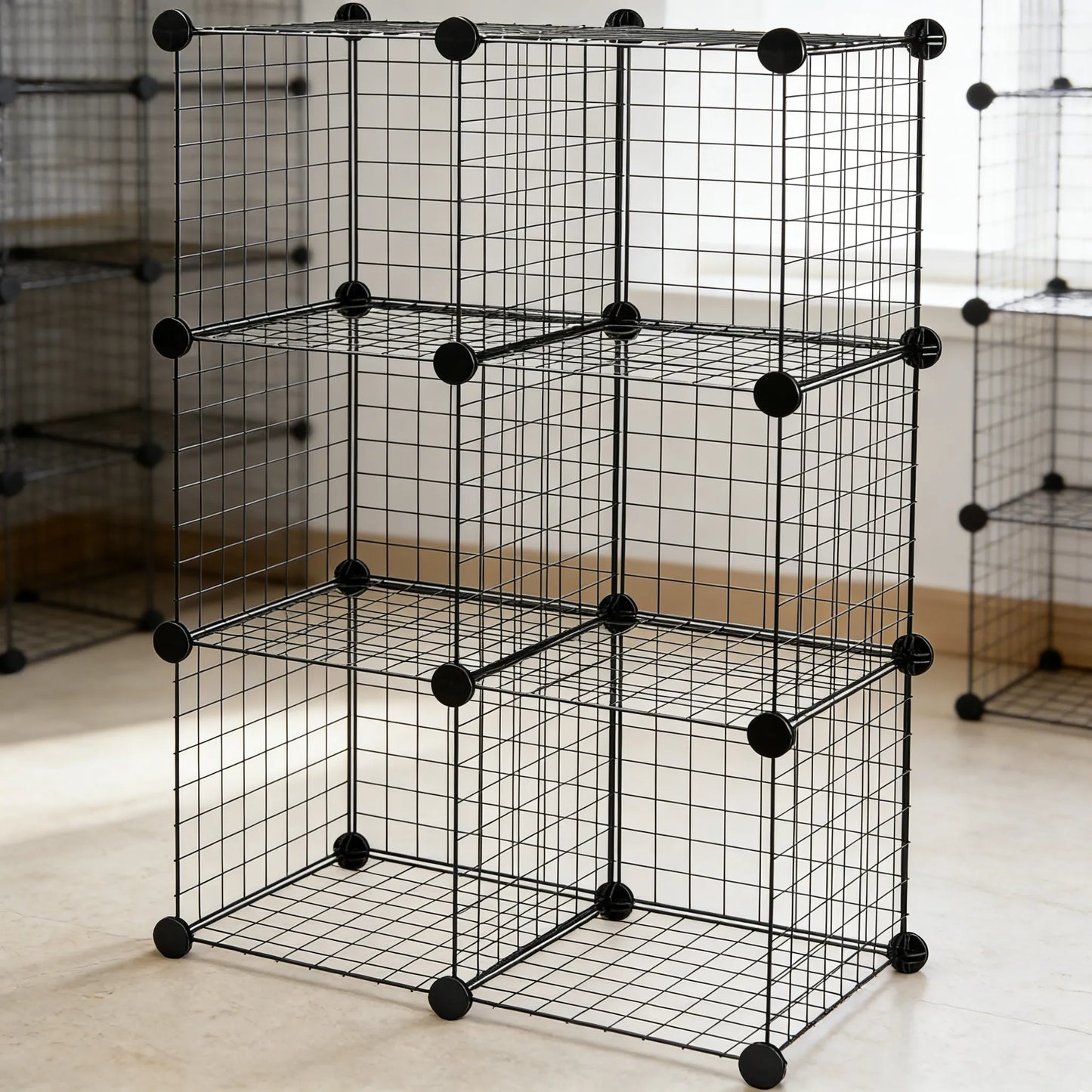 6-Cube Stackable Wire Grid Shelf, Sleek Black Design