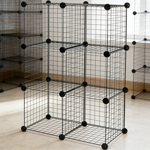 6-Cube Stackable Wire Grid Shelf, Sleek Black Design