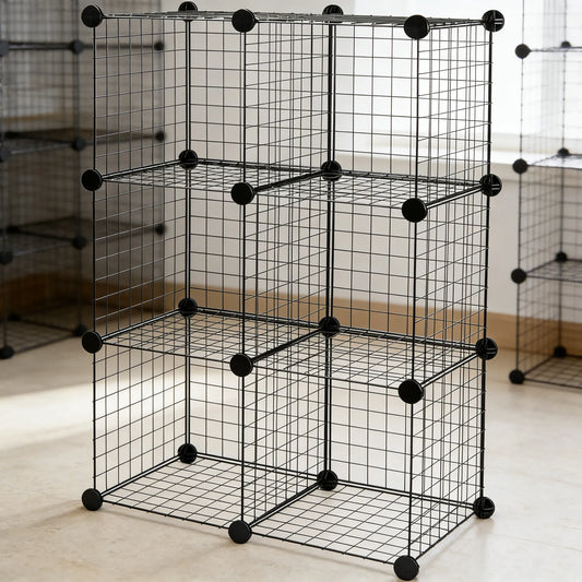 6-Cube Stackable Wire Grid Shelf, Sleek Black Design