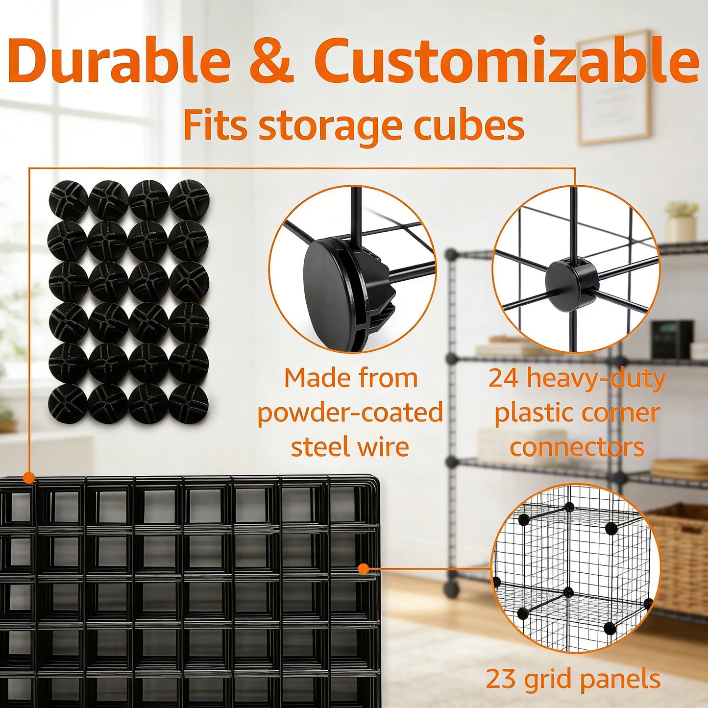 6-Cube Stackable Wire Grid Shelf, Sleek Black Design
