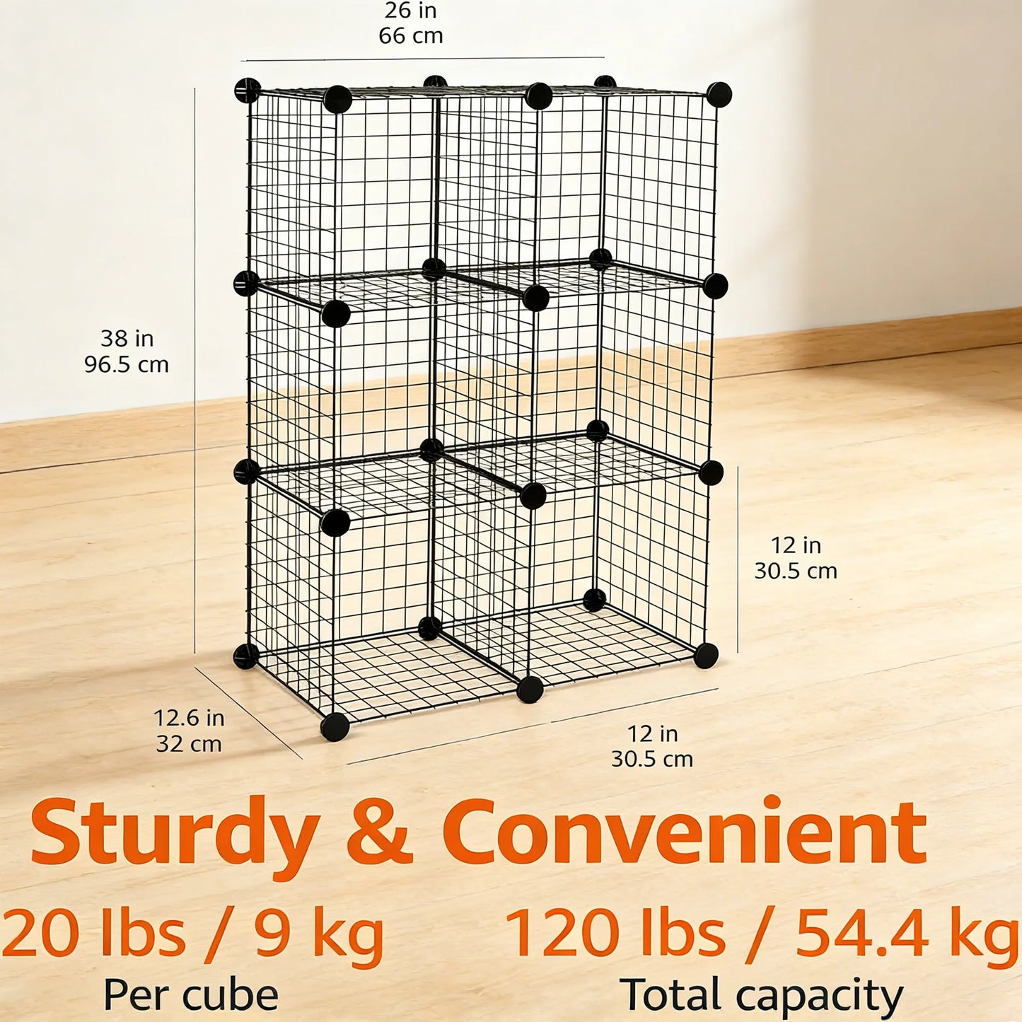6-Cube Stackable Wire Grid Shelf, Sleek Black Design