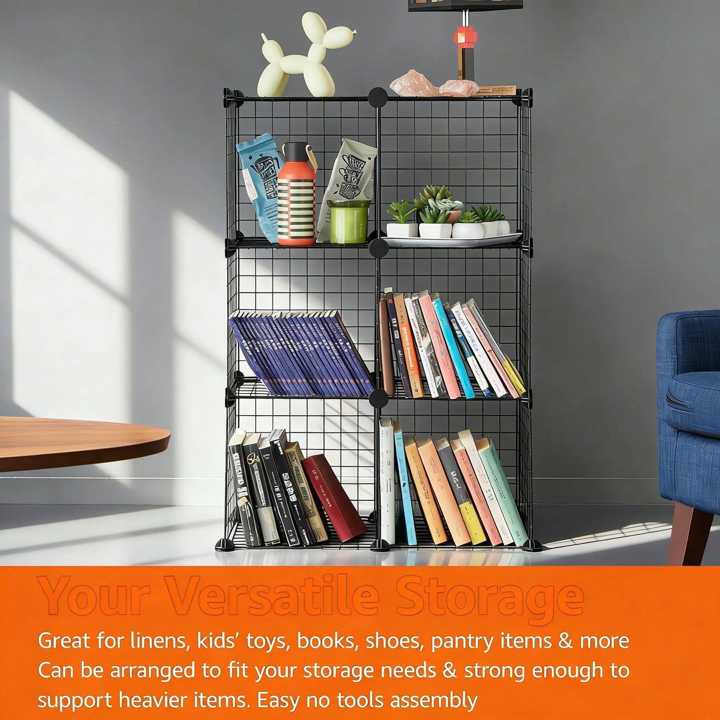 6-Cube Stackable Wire Grid Shelf, Sleek Black Design