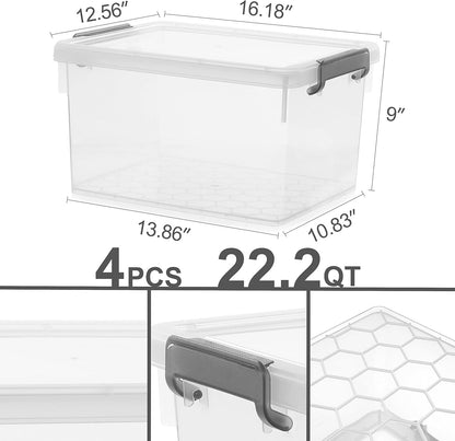 4-Pack 22.2 Qt Storage Bins, Clear with Lids & Stackable